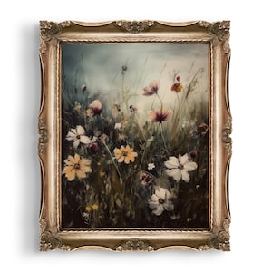 Moody Flower Field Print | Rustic Dark Cottagecore Decor | Vintage Oil Painting | Wall Art | Dark Academia Decor | Rustic Home Decor