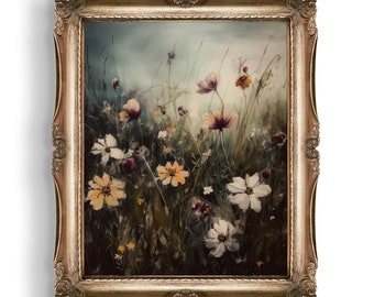 Moody Flower Field Print | Rustic Dark Cottagecore Decor | Vintage Oil Painting | Wall Art | Dark Academia Decor | Rustic Home Decor