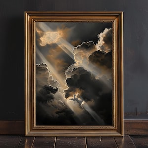 Moody Heavenly Clouds Wall Art Print, Dark Academia Decor, Gothic Cloud Maximalist Oil Painting, Stormy Sky Print, Dark Wall Art, God Rays