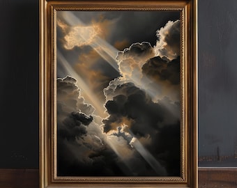 Stampa artistica da parete con nuvole celestiali e malinconiche, decorazione dark academia, dipinto ad olio gotico massimalista con nuvole, stampa con cielo tempestoso, arte murale scura, raggi divini