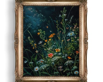 Moonlit Moody Flower Field Print, Dark Cottagecore Decor, Dark Academia Prints, Botanical Oil Painting