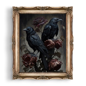 Dark Moody Ravens and Roses Art Print | Dark Cottagecore Decor | Goth Gift | Wall Art | Gothic Home Decor | Witchy Room Decor