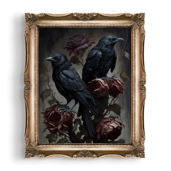 Dark Moody Ravens and Roses Art Print | Dark Cottagecore Decor | Goth Gift | Wall Art | Gothic Home Decor | Witchy Room Decor