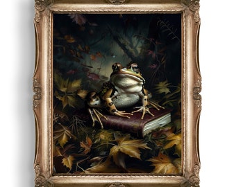 Dark Botanical Forest Frog Print, Dark Cottagecore Decor, Moody Forestcore Wall Art, Frog Oil Painting, Dark Academia Decor
