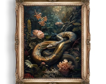 May include: A framed print of a golden snake coiled in a lush, dark green jungle setting with pink and white flowers. The snake is surrounded by foliage and vines, creating a sense of mystery and beauty.