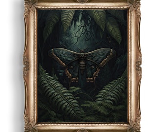 Dark Botanical Moth Print | Moody Wall Art | Goblincore Decor | Dark Cottagecore Art Print | Vintage Home Decor | Gothic Oil Painting
