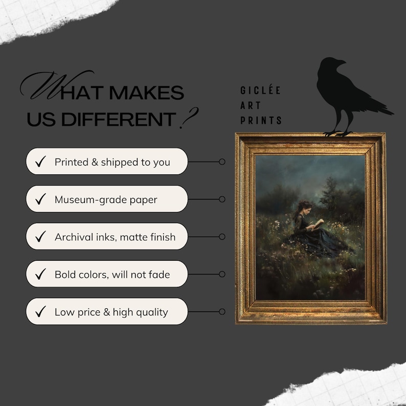 May include: A graphic with the text "What makes us different?" and a list of five reasons why, including "Printed & shipped to you", "Museum-grade paper", "Archival inks, matte finish", "Bold colors, will not fade", and "Low price & high quality". The graphic also includes a framed painting of a woman reading in a field and a black silhouette of a raven.