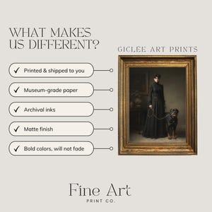 May include: A framed gicl&eacute;e art print featuring a woman in a black dress with a Rottweiler dog on a leash. The print is in a gold-colored frame. Text on the image includes "What Makes Us Different?" and "Fine Art Print Co."