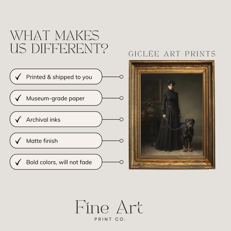 May include: A framed gicl&eacute;e art print featuring a woman in a black dress with a Rottweiler dog on a leash. The print is in a gold-colored frame. Text on the image includes "What Makes Us Different?" and "Fine Art Print Co."
