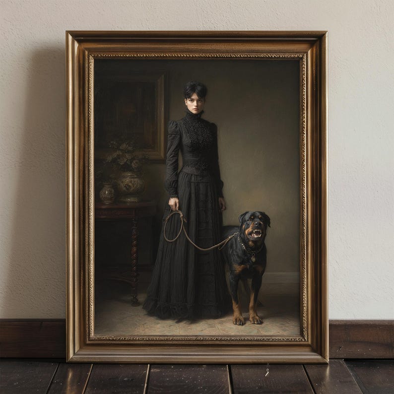 May include: A framed portrait of a woman in a long black dress holding a leash attached to a Rottweiler dog. The painting has a gold frame and is set against a neutral background. The dog is black and tan.