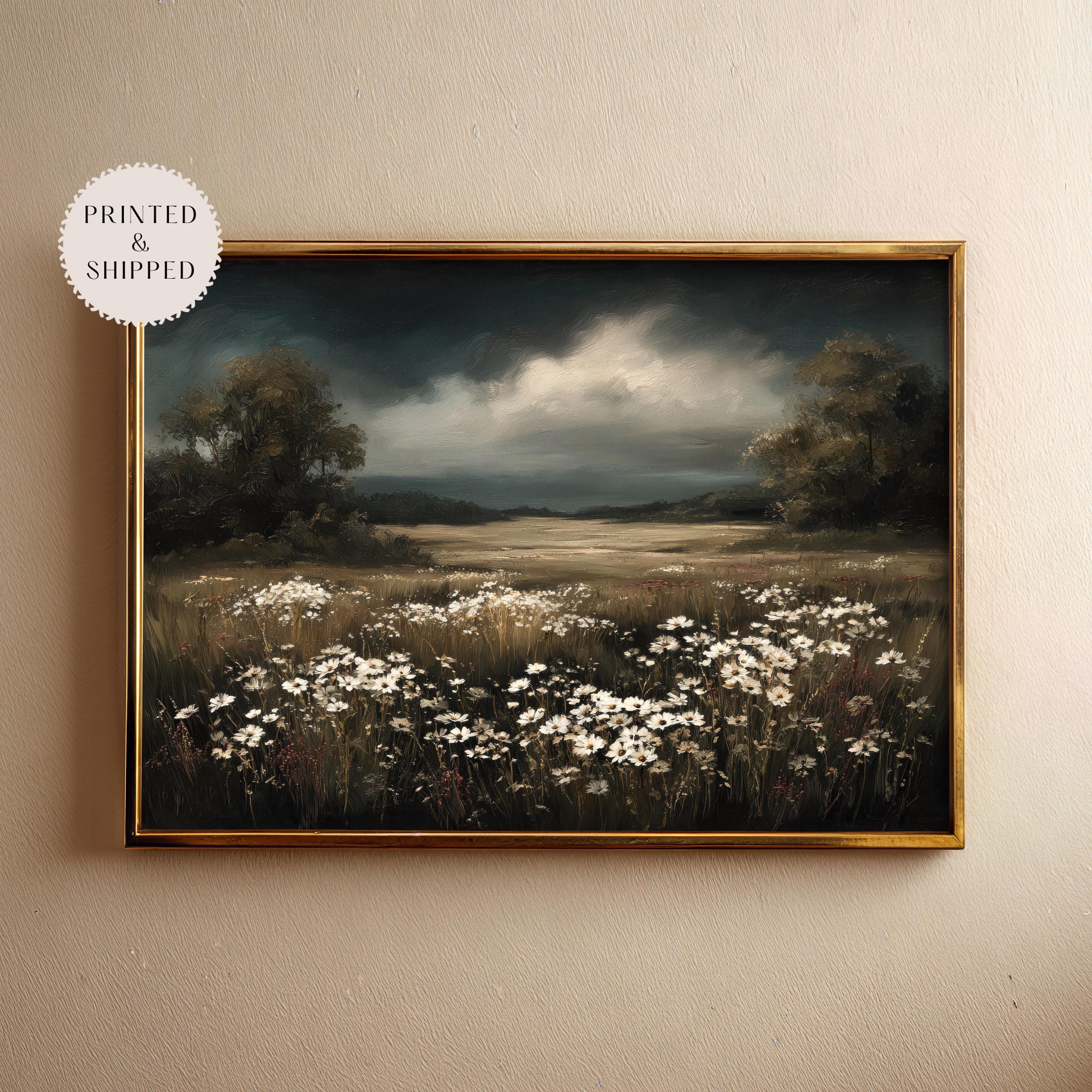 Moody Flower Field Oil Painting Print, Vintage Dark Academia Wall Art ...