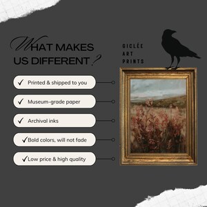 May include: A framed gicl&eacute;e art print featuring a landscape with red and brown plants. The frame is gold. Text on the left says "WHAT MAKES US DIFFERENT?" and lists features like "Bold colors, will not fade". A black raven silhouette is on the right.