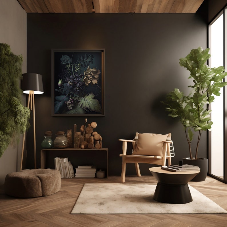 May include: A living room interior with a dark grey wall, a framed botanical print, a wooden chair with a beige cushion, a black side table, a brown ottoman, a floor lamp, and a potted plant.