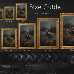 May include: Size guide for fine art prints, showing different frame sizes in inches, from 8x10 to 30x40 inches. The image shows a framed print of a painting of a woman reading a book in a forest.