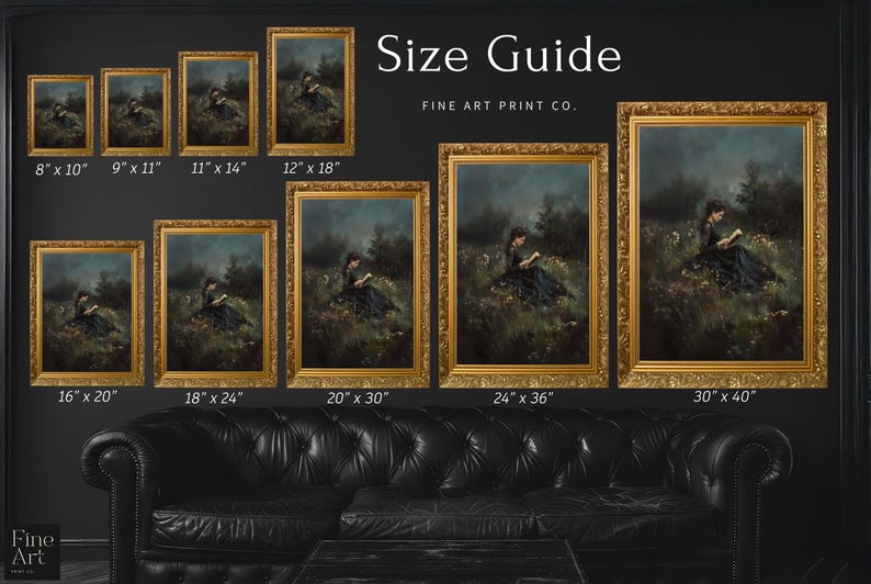 May include: Size guide for fine art prints, showing different frame sizes in inches, from 8x10 to 30x40 inches. The image shows a framed print of a painting of a woman reading a book in a forest.