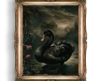 Dark Moody Black Swan Print, Dark Cottagecore Wall Art, Night Sky Scenery Print, Dark Academia Wall Decor, Moody Bird Nature Oil Painting