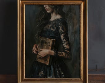 Victorian Woman Bookish Wall Art Print, Dark Academia Decor, Customizable Poster, Moody Reading Nook Painting, Book Lover Gift