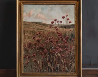 May include: A framed painting of a field of wildflowers with a soft, hazy sky in the background. The flowers are a deep pink and the field is a muted green. The painting is in a gold frame.
