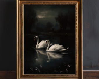 Dark Moody Swans Print | Dark Academia Prints | Gothic Gifts | Moody Wall Art | Dark Cottagecore Painting | Gothic Home Decor | Animal Print