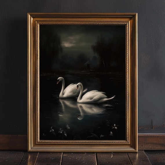 Dark Moody Swans Print | Dark Academia Prints | Gothic Gifts | Moody Wall Art | Dark Cottagecore Painting | Gothic Home Decor | Animal Print