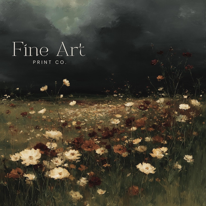 May include: An artistic print featuring a field of wildflowers in shades of cream, brown, and white, set against a dark, moody sky. The words "Fine Art PRINT CO." are displayed in elegant typography.
