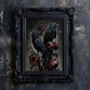 Mörka, stämningsfulla Ravens and Roses konsttryck, mörk Cottagecore-dekor, mörk Academia-dekor, gotisk målning, häxig rumsdekor bild 8