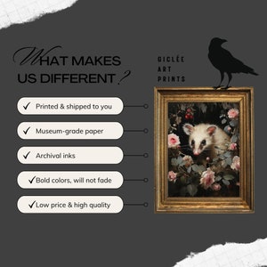 May include: A framed gicl&eacute;e art print featuring a white opossum surrounded by pink roses and greenery. The gold frame surrounds the artwork, with a black crow silhouette in the upper right corner. Text includes "What Makes Us Different?" and "Gicl&eacute;e Art Prints."
