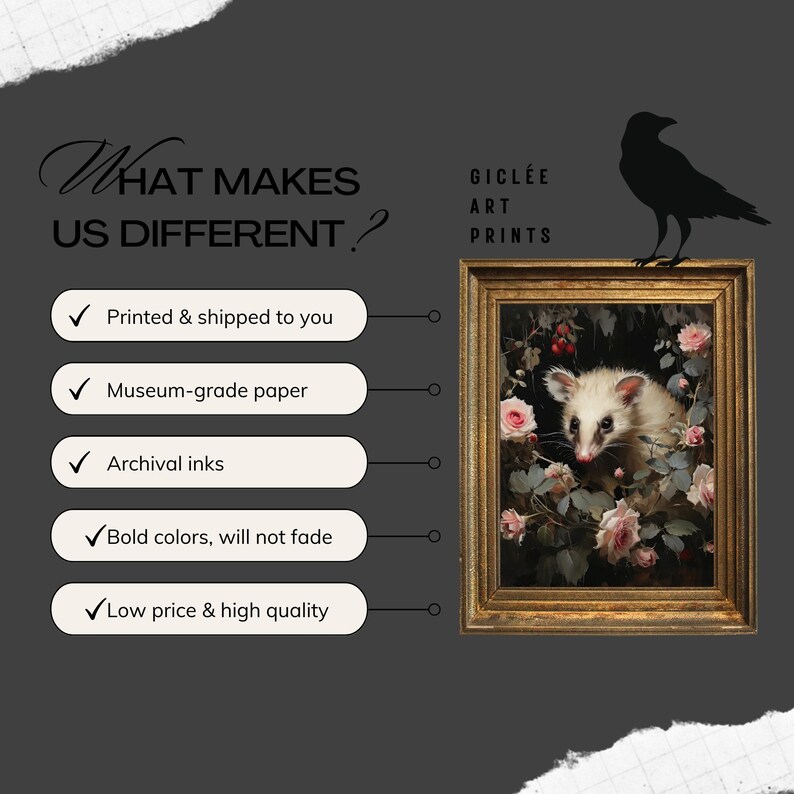 May include: A framed gicl&eacute;e art print featuring a white opossum surrounded by pink roses and greenery. The gold frame surrounds the artwork, with a black crow silhouette in the upper right corner. Text includes "What Makes Us Different?" and "Gicl&eacute;e Art Prints."