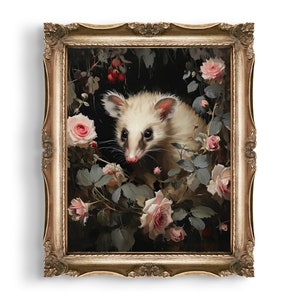 May include: A framed artwork featuring a white opossum amidst pink roses and foliage against a dark background. The painting is in a gold ornate frame, creating a vintage aesthetic. The opossum has a pink nose and dark eyes.