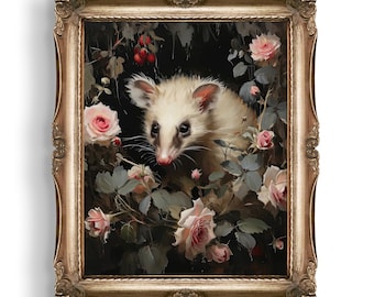 Dark Academia Opossum Vintage Ölgemälde | Dunkle Wandkunst | Stimmungsvolles Dekor | Gothic Kunstdruck | Dunkel Botanische | Hexen Geschenk | Zaubergotth