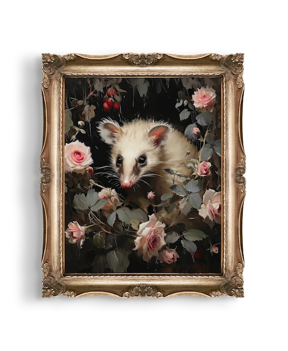 Dark Academia Opossum Vintage Oil Painting | Dark Wall Art | Moody Decor | Gothic Art Print | Dark Botanical | Witchy Gift | Whimsigoth