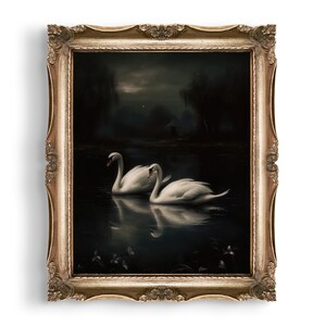 Dark Moody Swans Print | Dark Academia Prints | Gothic Gifts | Moody Wall Art | Dark Cottagecore Painting | Gothic Home Decor | Animal Print