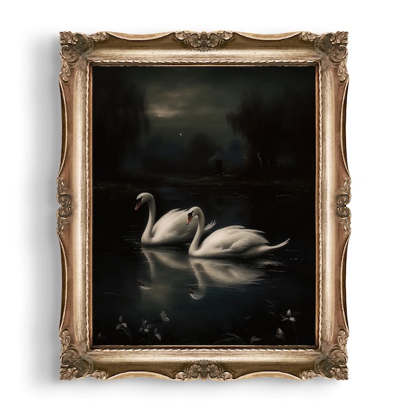 Dark Moody Swans Print | Dark Academia Prints | Gothic Gifts | Moody Wall Art | Dark Cottagecore Painting | Gothic Home Decor | Animal Print