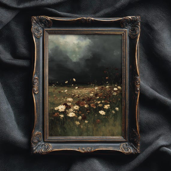 Dark Academia Flower Field Print: Vintage Countryside Landscape Oil Painting, Dark Moody Wall Art