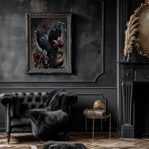 Mörka, stämningsfulla Ravens and Roses konsttryck, mörk Cottagecore-dekor, mörk Academia-dekor, gotisk målning, häxig rumsdekor bild 9