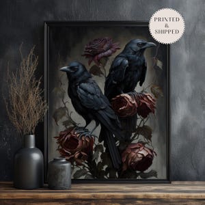 Mörka, stämningsfulla Ravens and Roses konsttryck, mörk Cottagecore-dekor, mörk Academia-dekor, gotisk målning, häxig rumsdekor bild 2