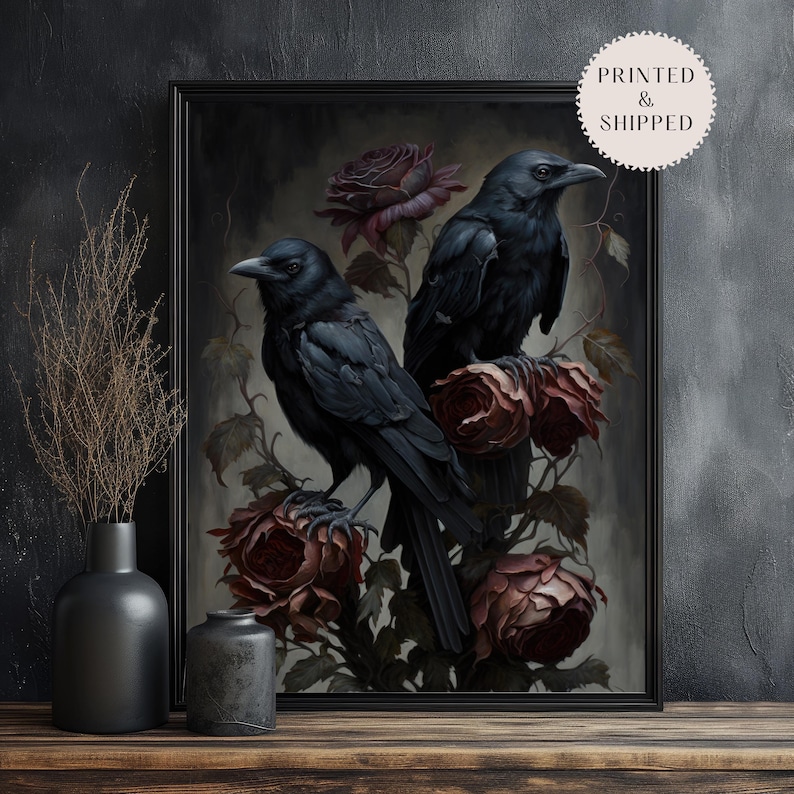 Mörka, stämningsfulla Ravens and Roses konsttryck, mörk Cottagecore-dekor, mörk Academia-dekor, gotisk målning, häxig rumsdekor bild 2