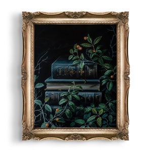 Impresión artística botánica de pila de libros sobre vegetación, decoración de estilo cottagecore con un bosque oscuro, arte de pared floral gótico, pintura al óleo victoriana melancólica