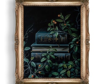 Pile of Books Overgrown Botanical Art Print, Dark Forest Cottagecore Decor, Gothic Floral Wall Art, Moody Victorian Oil Painting