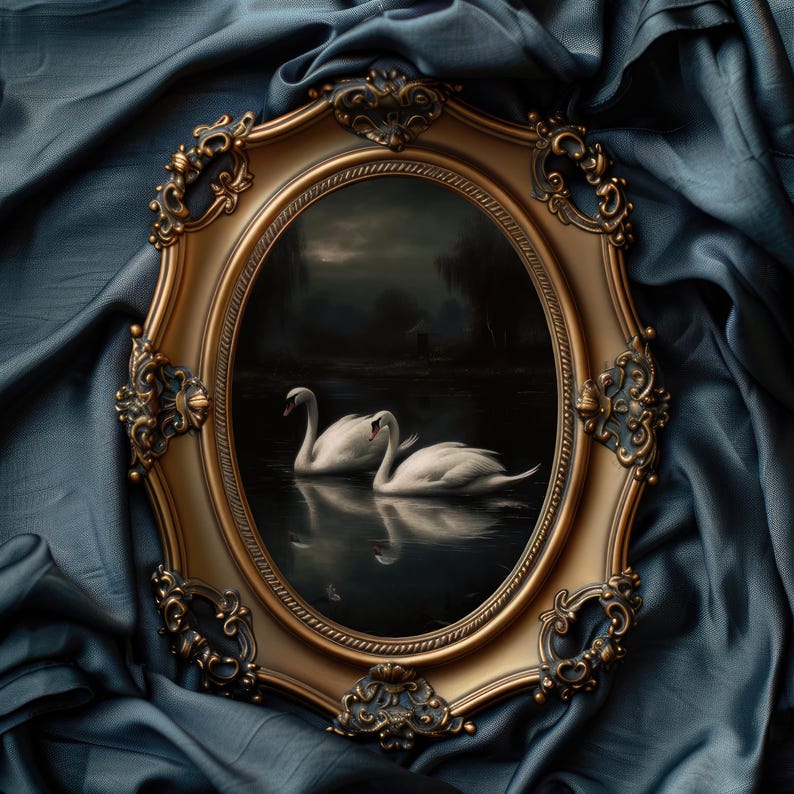May include: A gold oval frame with ornate details surrounds a painting of two white swans swimming in a dark lake. The swans are in the center of the painting, with a dark forest in the background.
