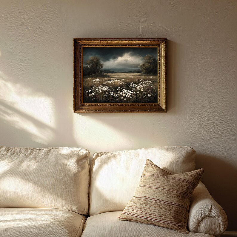 Moody Flower Field Oil Painting Print, Vintage Dark Academia Wall Art ...