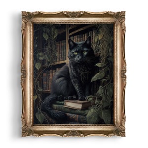 魔女の黒猫プリント | ダークでムーディなビクトリア朝プリント | ゴスギフト | ウォールアート | ダークコテージコア装飾 | 本好きのウォールアート | アートポスタープリント