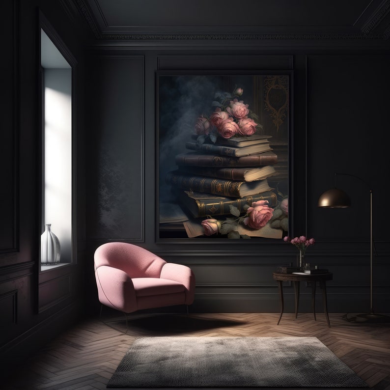 May include: A pink velvet armchair sits in a dark room with a large framed painting of a stack of books and pink roses. The painting is on a black wall with gold trim. The room has a wooden floor and a small table with a vase of flowers.