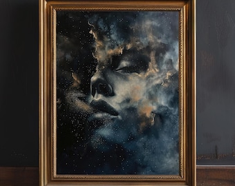 May include: A framed painting of a woman's face with a dark blue and gold background. The woman's eyes are closed and her face is partially obscured by clouds of gold and blue.