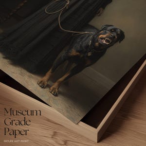May include: A framed art print featuring a Rottweiler dog with a leash, snarling with bared teeth. The dog is black and tan, set against a dark background. The print is labeled "Museum Grade Paper" and "GICLEE ART PRINT".