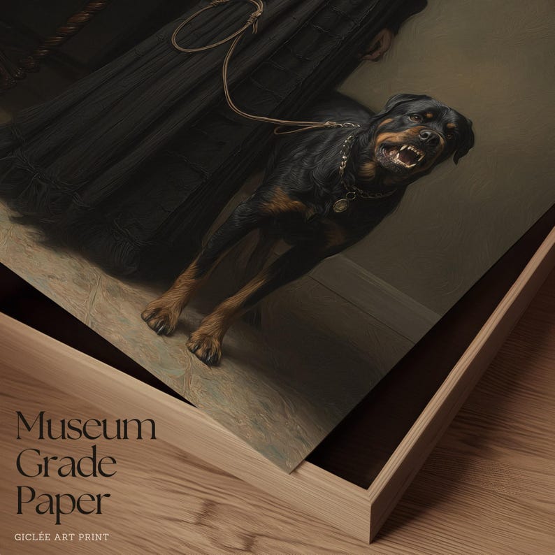 May include: A framed art print featuring a Rottweiler dog with a leash, snarling with bared teeth. The dog is black and tan, set against a dark background. The print is labeled "Museum Grade Paper" and "GICLEE ART PRINT".