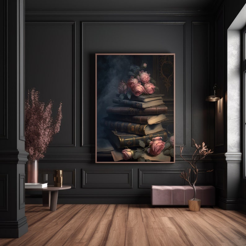May include: A still life photograph of a stack of antique books with pink roses on top. The books are arranged in a pile with the roses cascading down the side. The background is a dark, moody setting.