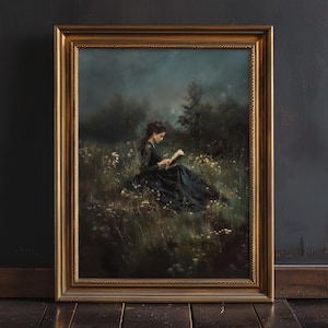 May include: A framed painting of a woman in a black dress sitting in a field of wildflowers and reading a book. The background is a dark, moody forest.