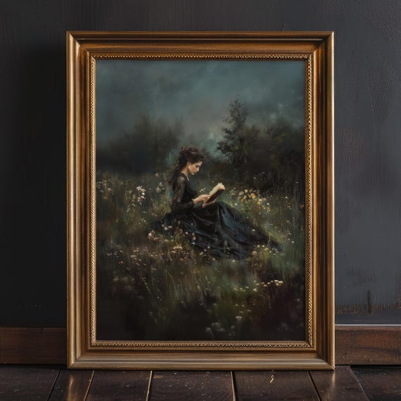 Moody Flower Field Book Wall Art Print , Dark Academia Decor, Reading Nook Victorian Print, Woman Reading Bookish Painting, Book Lover Gift