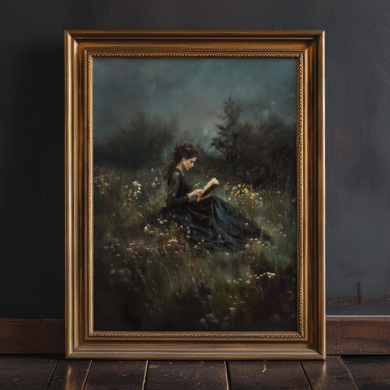 May include: A framed painting of a woman in a black dress sitting in a field of wildflowers and reading a book. The background is a dark, moody forest.
